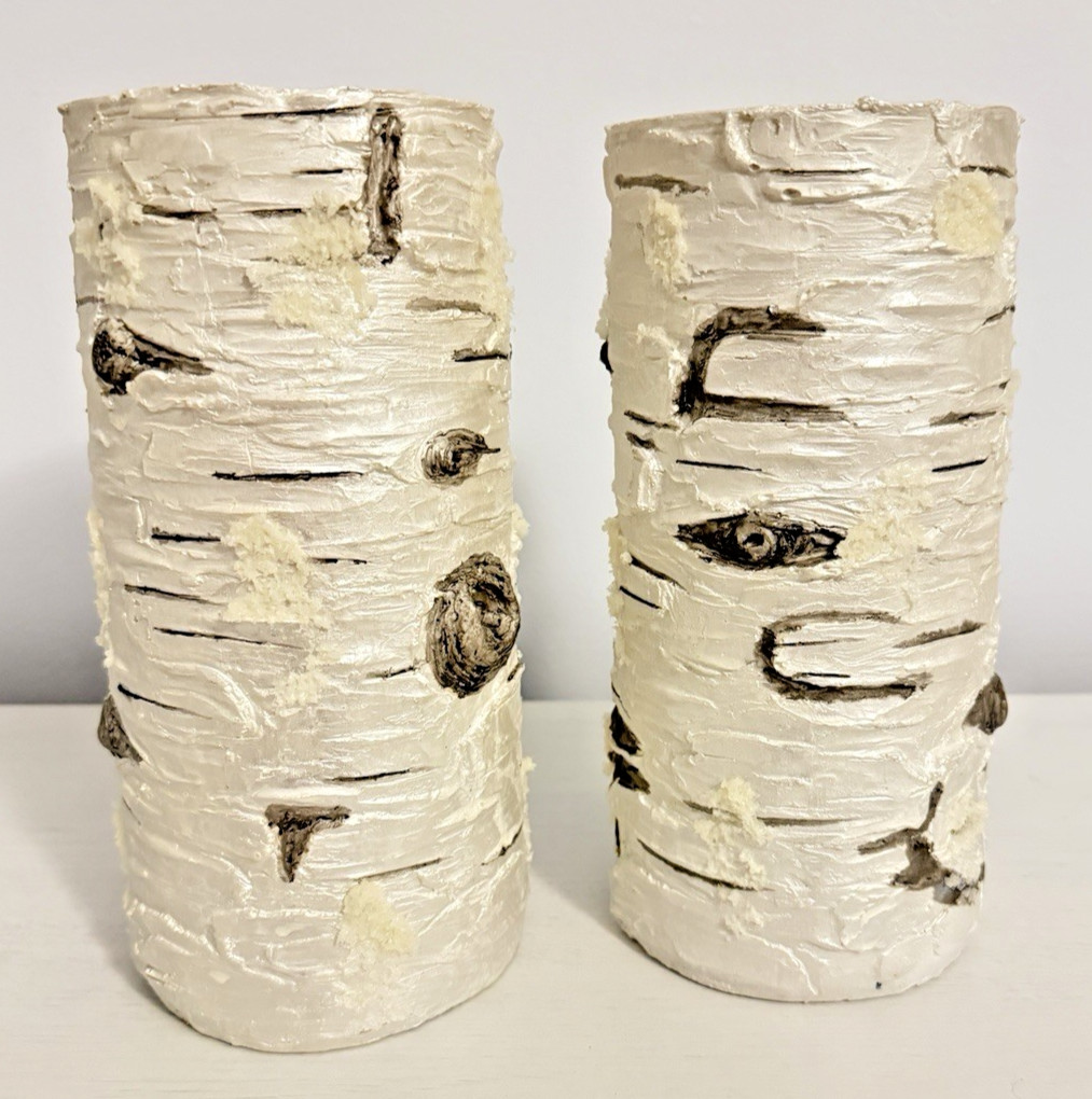 Faux Birch Bark Pillar Candles Set of 2 White Rustic Woodland Decor Farmhouse