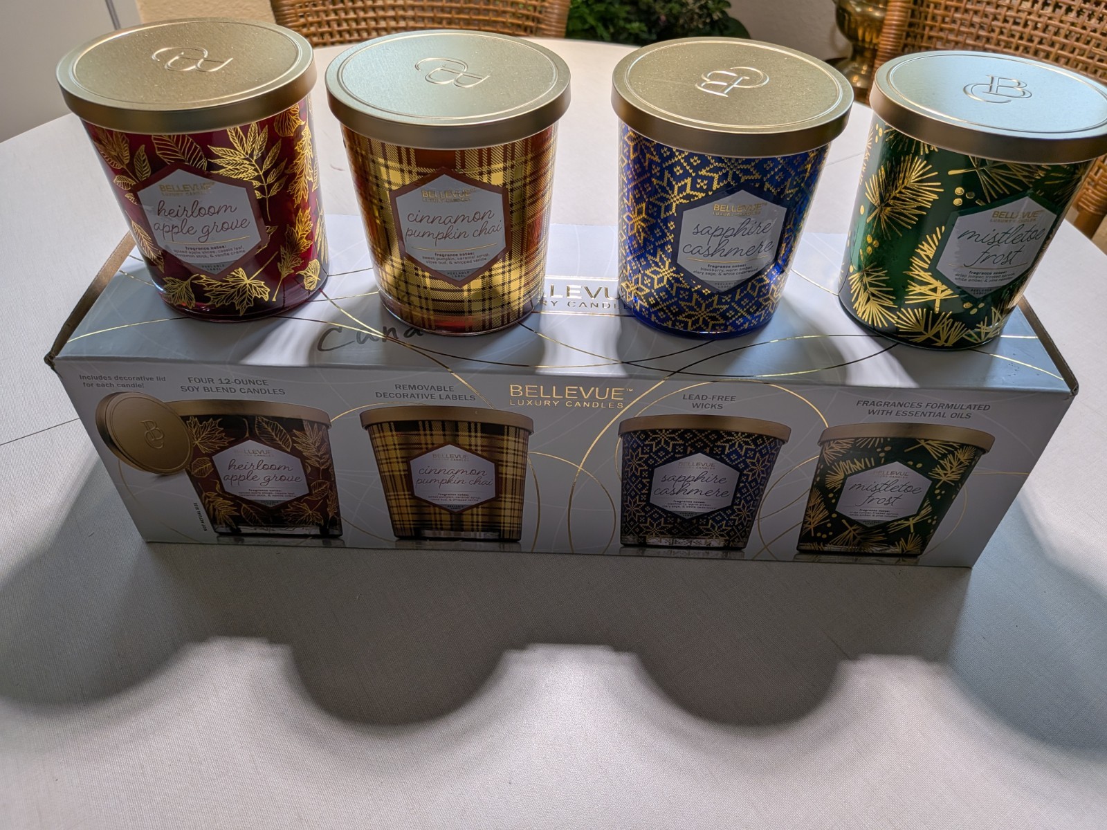 Set Of 4 Bellevue Luxury Soy Blend 12 Oz Candles, New In Box