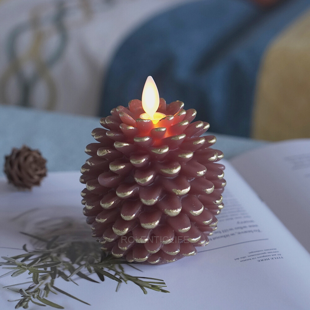 Luminara Flameless Pine Cone Wax LED Battery Operated Candles with Remote Brown