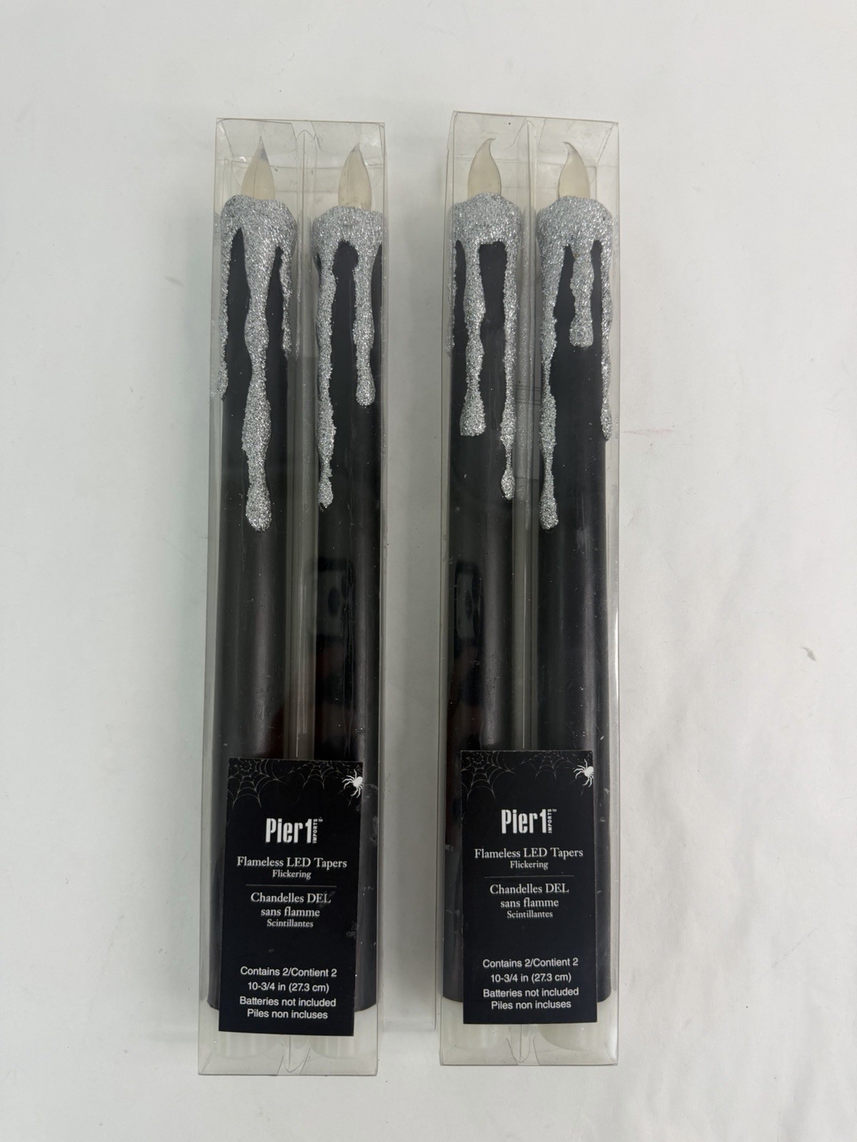 (4) Pier 1 Flameless Flickering LED Taper 10-3/4In Candles Black Silver Glitter