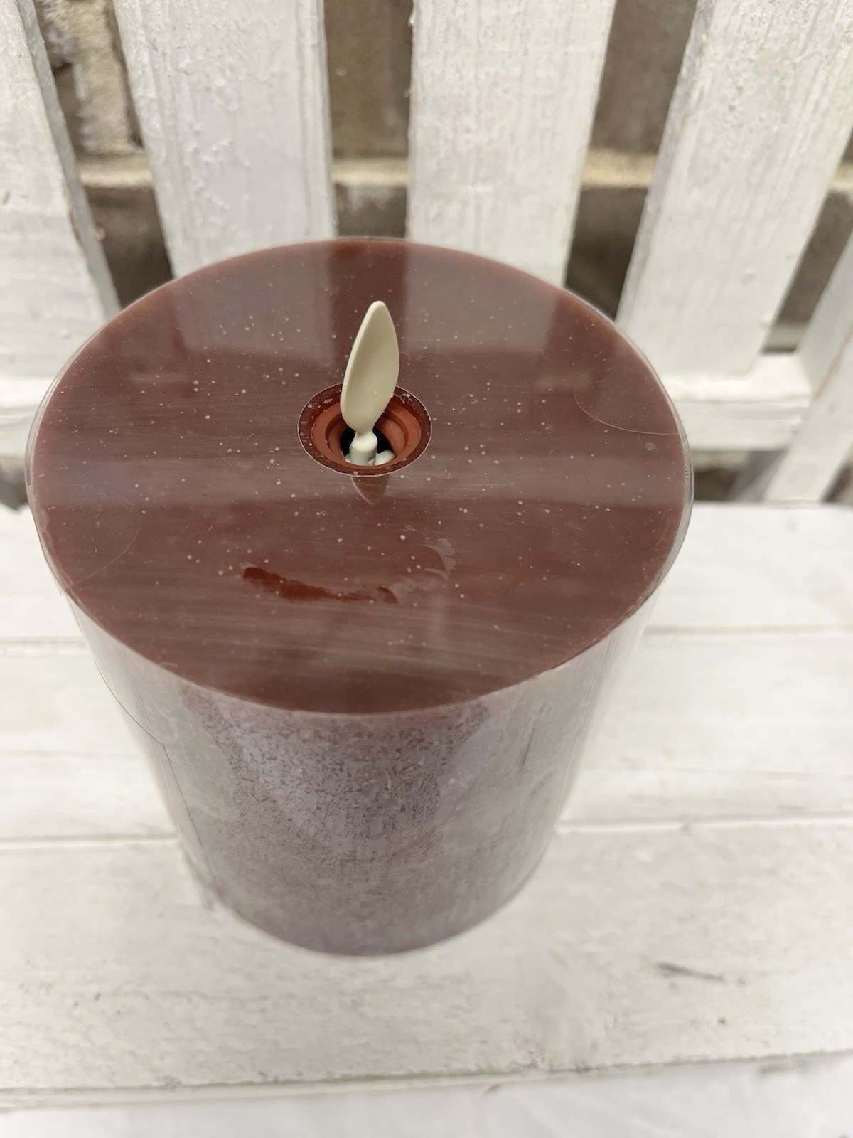 POTTERY BARN FLICKERING FLAMELESS BORDEAUX PILLAR CANDLE SALT WASHED 4 x 4.5 NEW