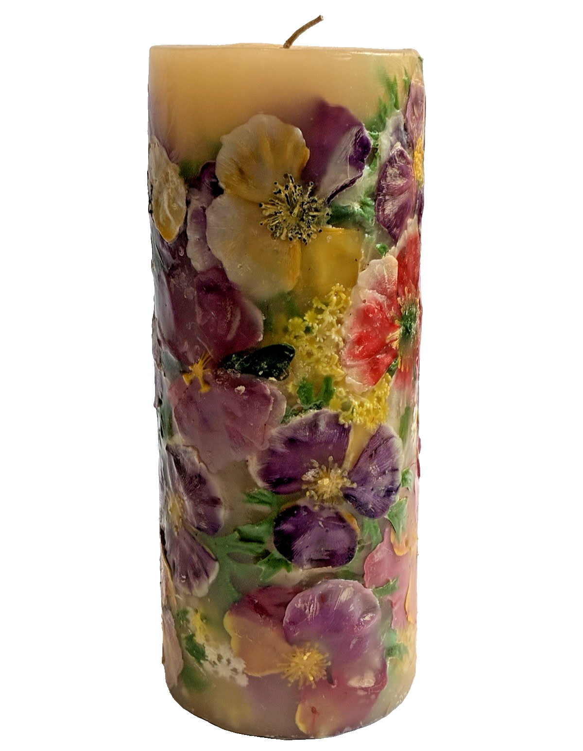 Botanical Decorative Pillar Candle w/Embedded Dried Flowers & Leaves 9.5″ Heavy