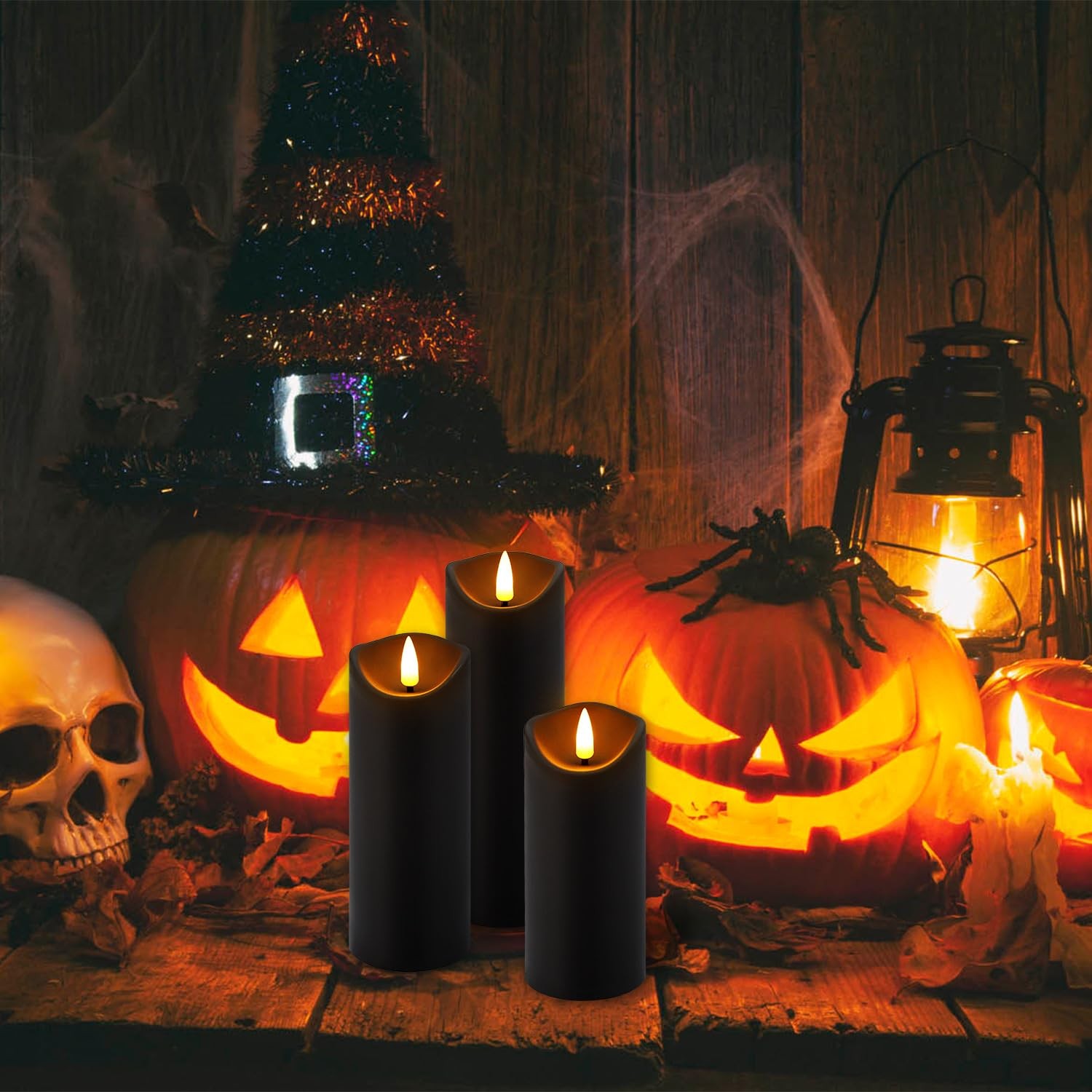 Set of 24 Flickering Black Flameless Candles, Battery Operated LED Pillar Can