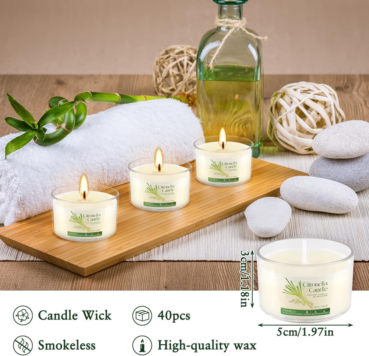 40 Pack Citronella Candles Bulk, Long Burning Portable Travel Size Soy Wax Ca…