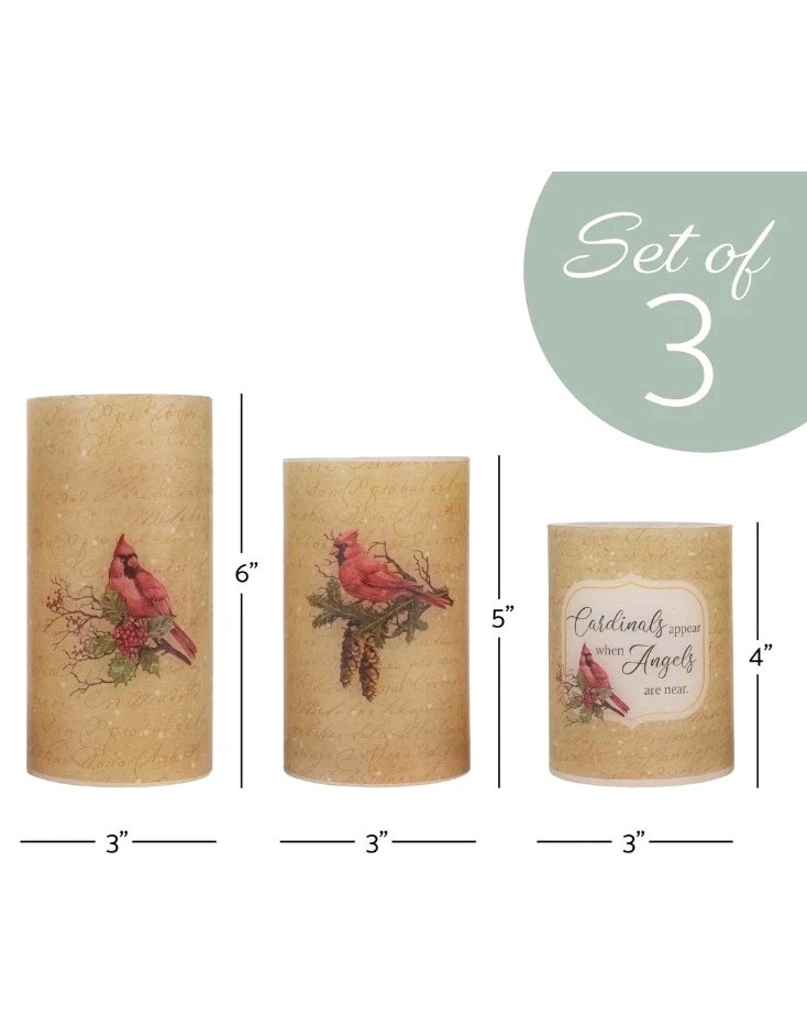 Set of 3 Candles LED Flameless Wax Pillars Cardinal Birds AAA Battery Operated