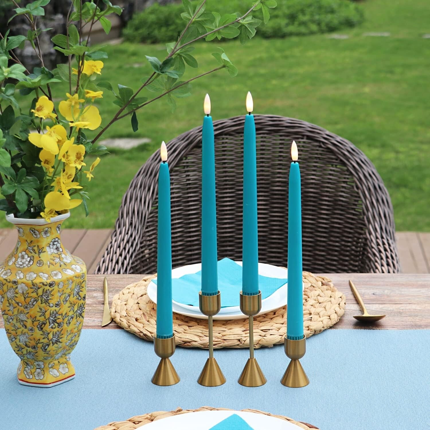 4 Pack Flameless Fanna LED Turquoise Taper Candles Timer Remote Battery Operated