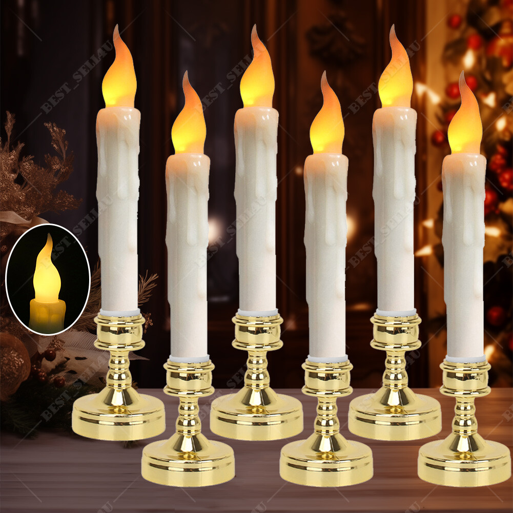 6Pcs LED Flickering Flameless Taper Candles Battery Operated with Candle Holders
