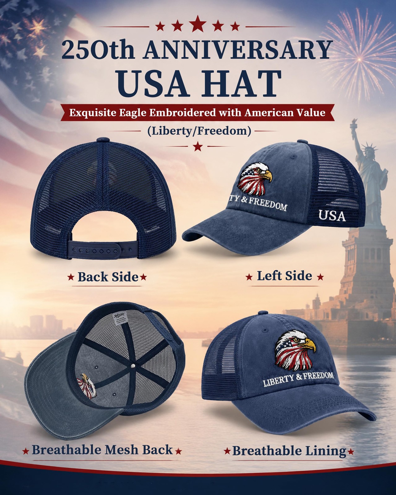 250th Anniversary Embroidered Eagle Hat for Men and Women Vintage Adjustable …