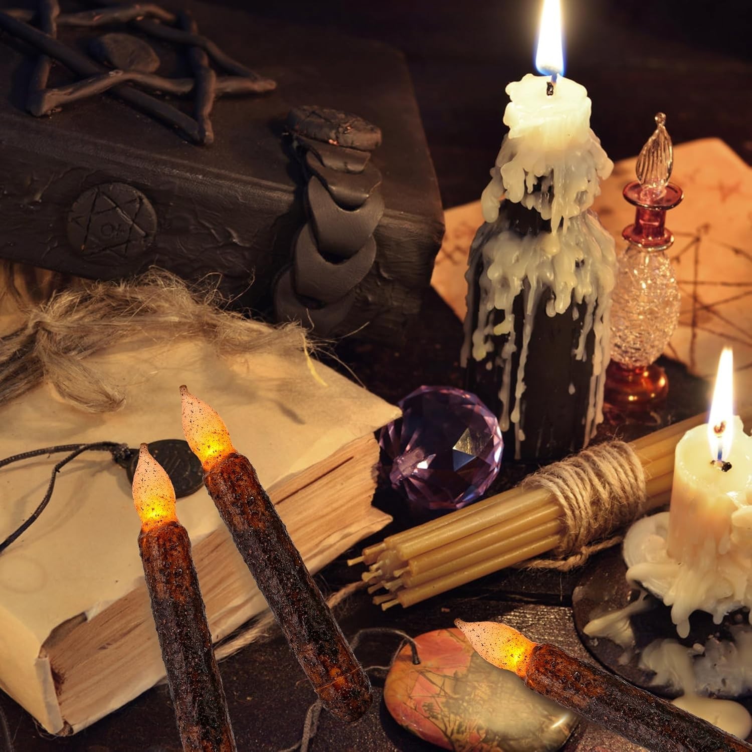 Taper Primitive Candles with Timer 6Pcs Real Wax Hand Dipped Battery Operated Fl