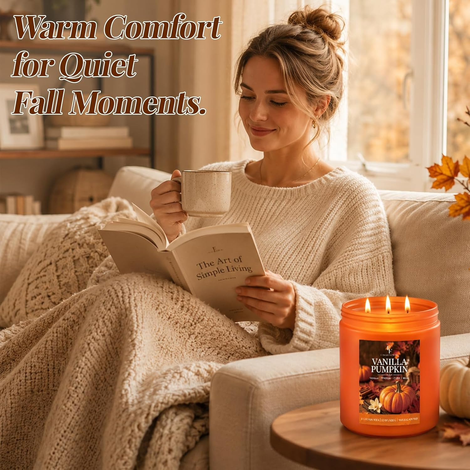Large Fall Candle Vanilla Pumpkin Scented, 3-Wick 22Oz Long Lasting | Soy Wax