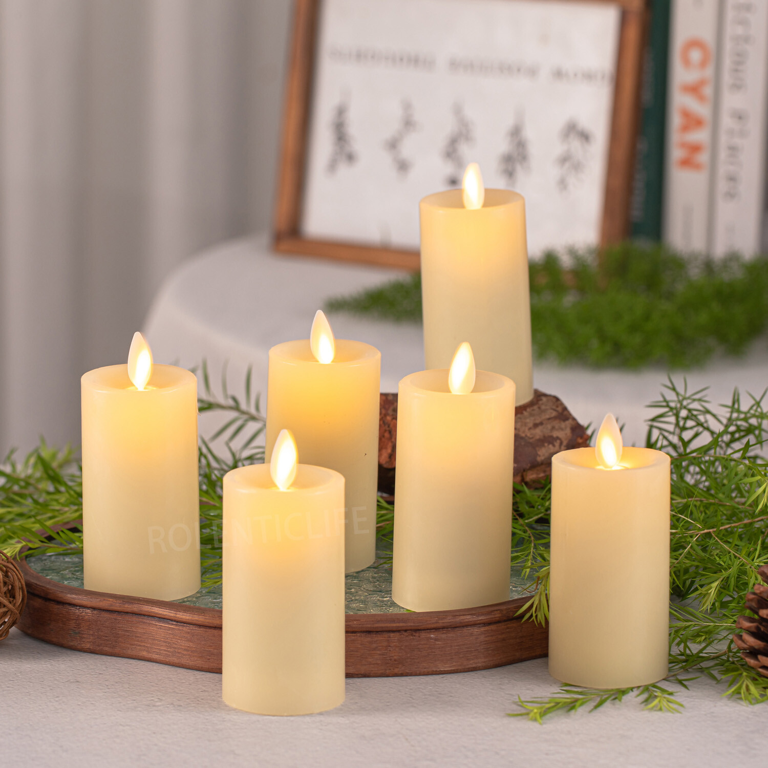 Set of 6 Luminara Flameless Pillar Wax Votive Candles w/Remote Moving Wick