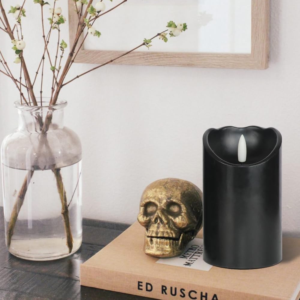 Black Flameless Pillar Candles with 6H Timer AAA Battery Powered Real Wax Fli…