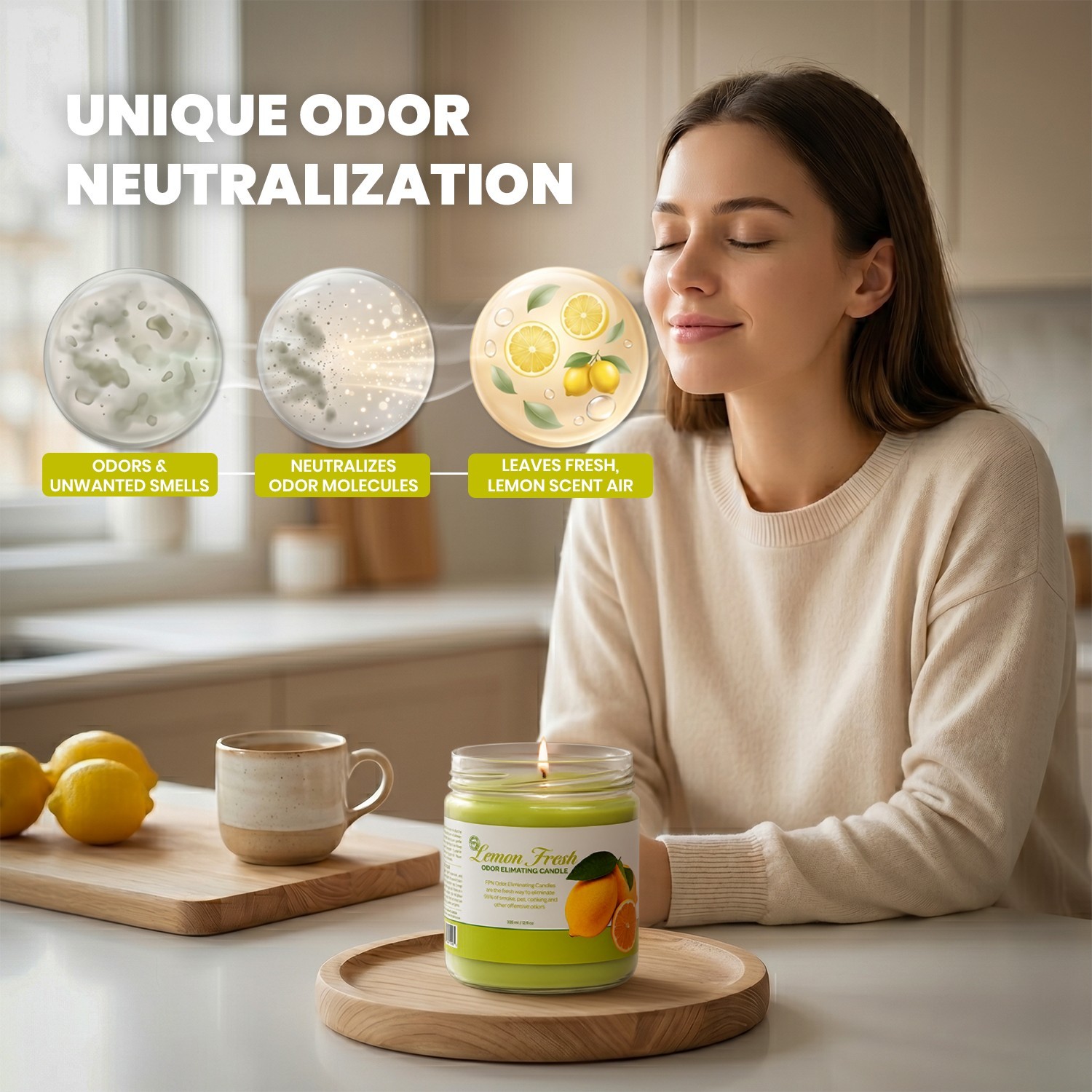 FPN Smoke & Cooking Odor Eliminator Candles 12oz Soy Wax Candle Lemon Scent 2 Pc