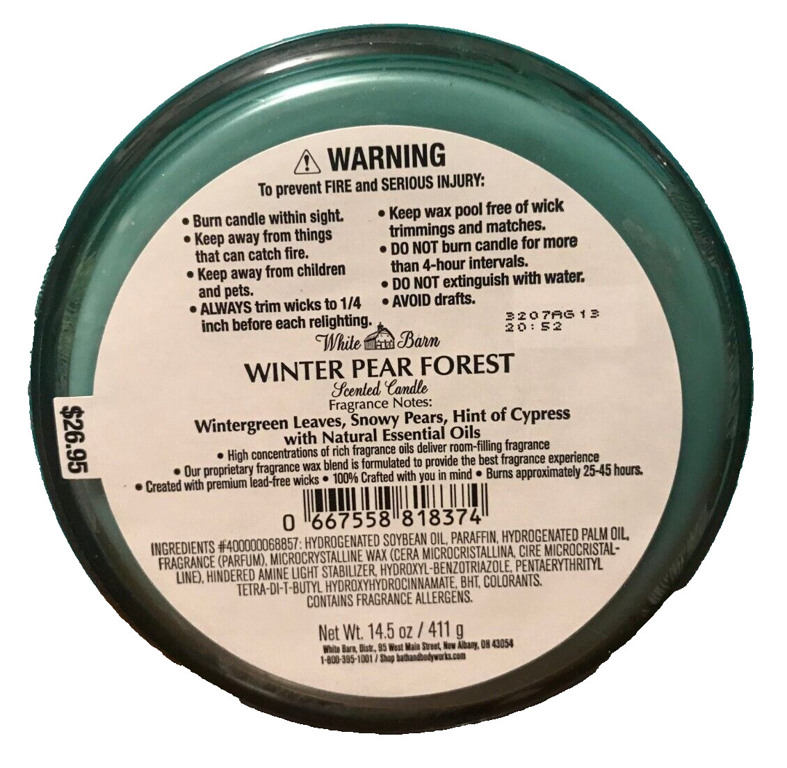 WINTER PEAR FOREST LARGE CANDLE 14.5oz 3 wick Bath Body Works 25-45 HR HOLIDAY