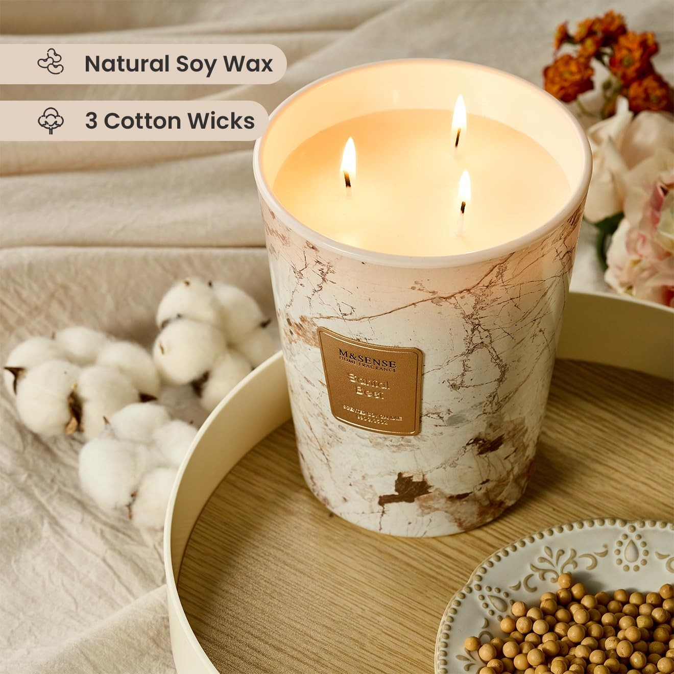 MandSENSE Extra Large Candle 35oz 150H Santal Scented 3-Wick Highly Scented J…