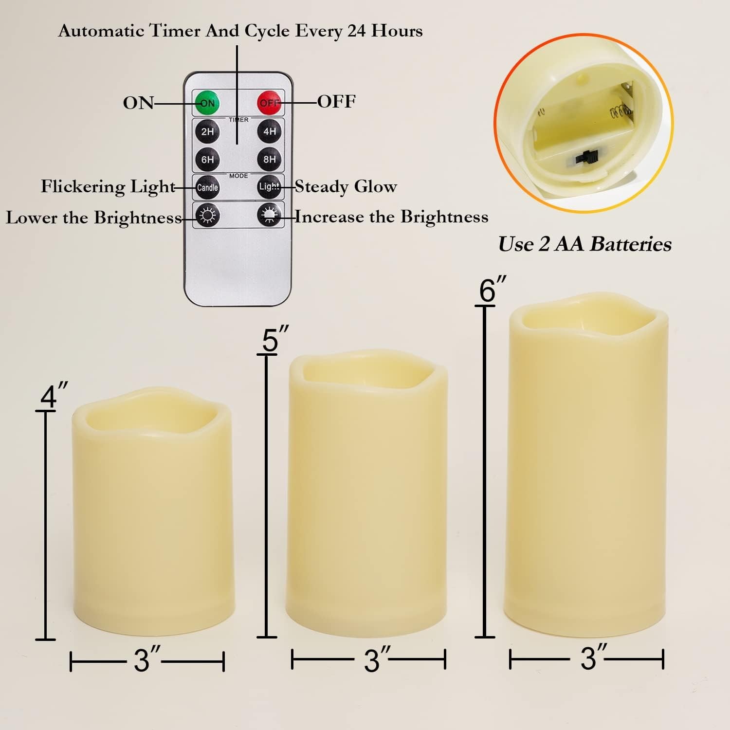 Outdoor Waterproof Flameless LED Candles with Remote Timer, 3 Pack | D3″Xh4″5″6″