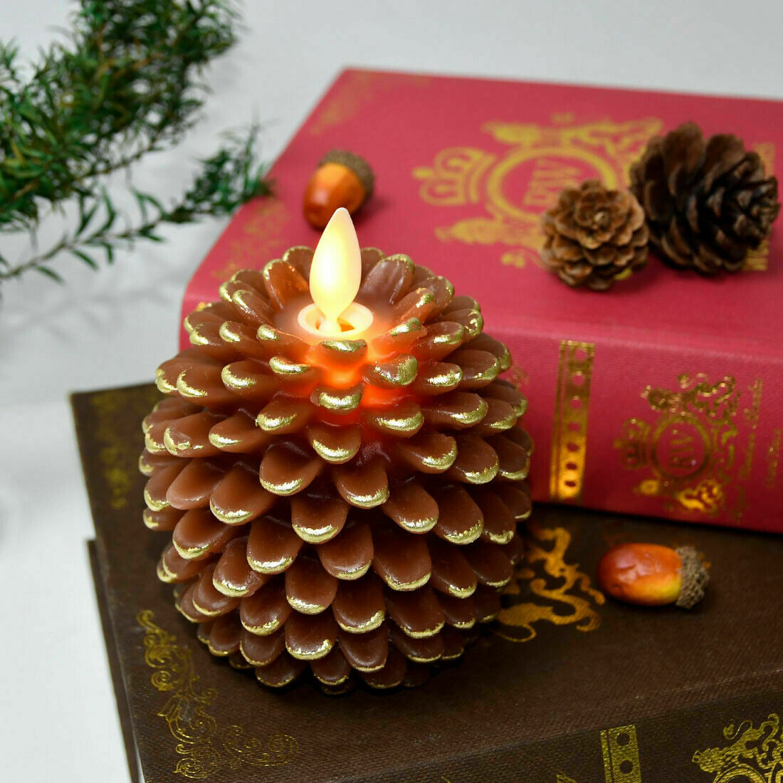 Luminara Flameless Moving Wick Battery Operated Pine Cone Candles Wax Brown