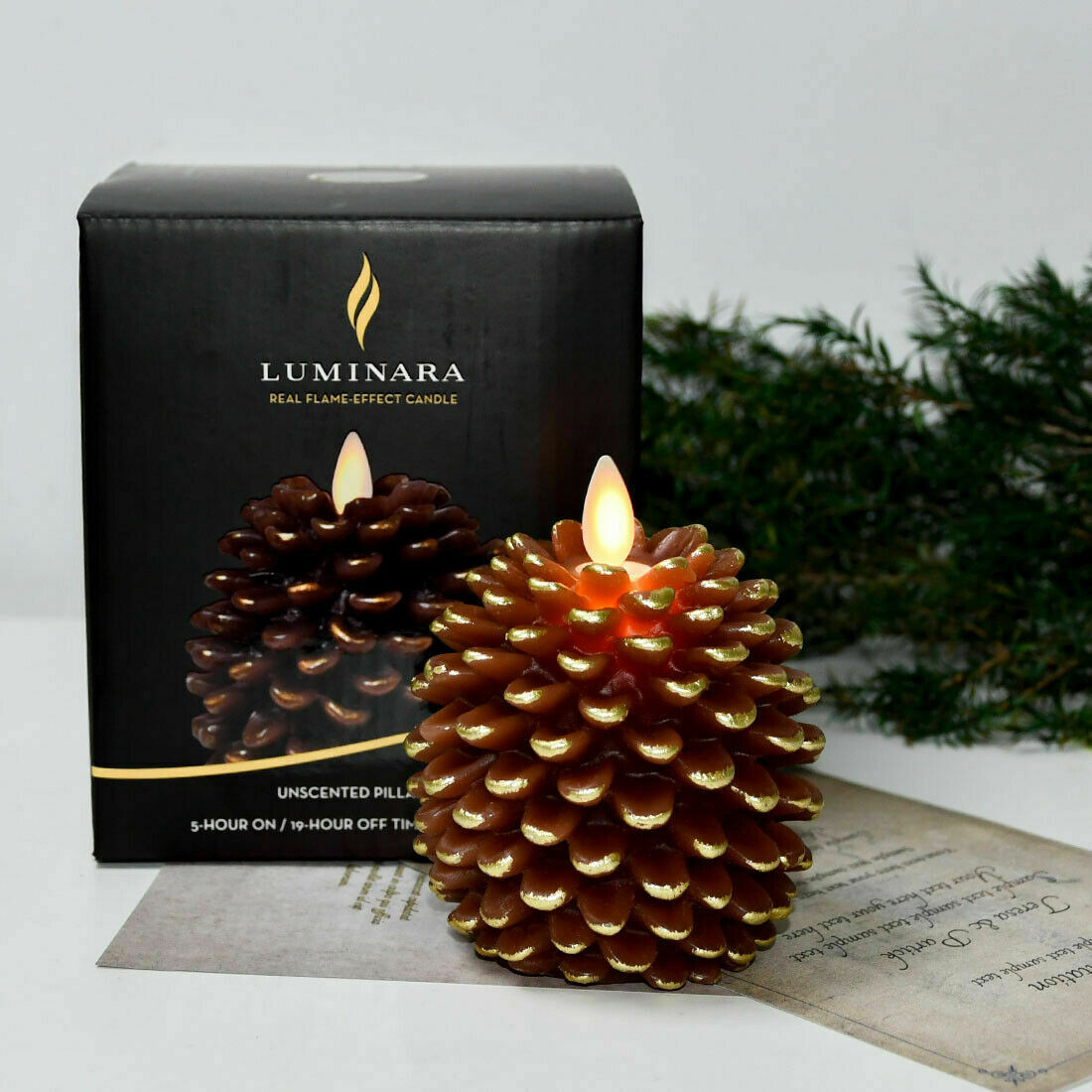 Luminara Flameless LED Pine Cone Wax Candles w/Moving Wick Remote Timer Brown