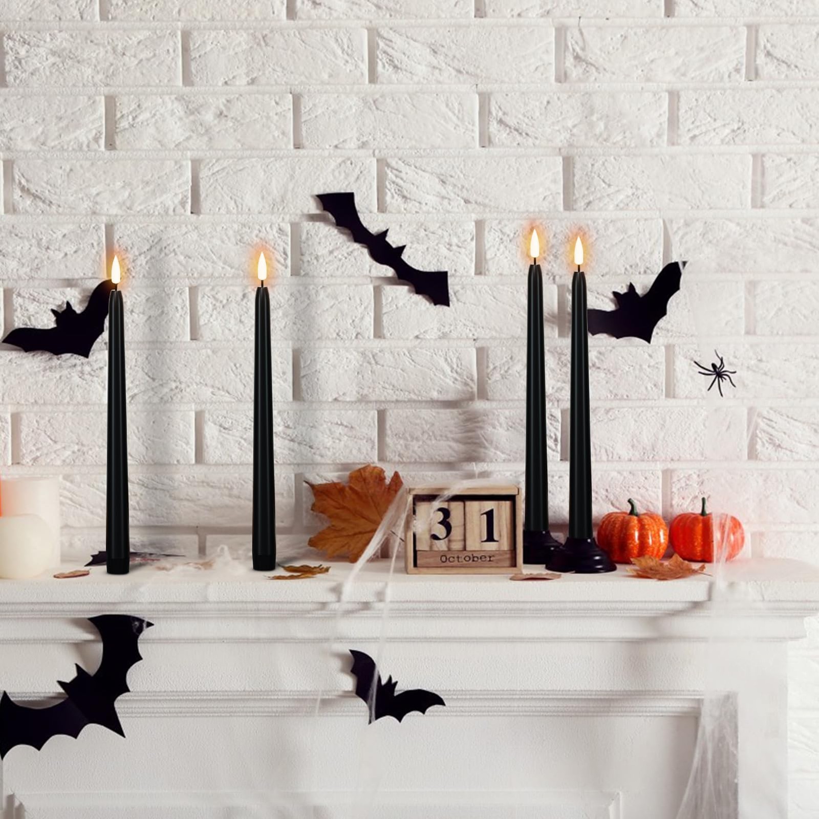 Halloween Flameless Taper Candles with Remote & Timer, 4 Pack Black Candles B…