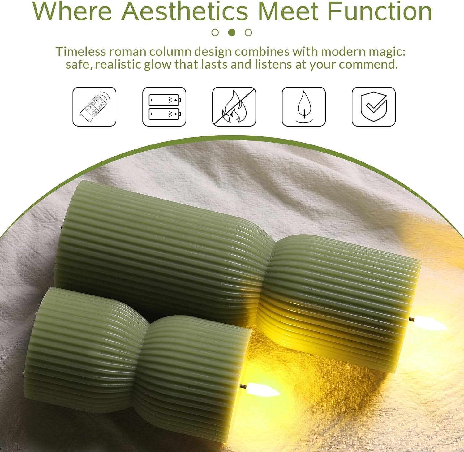 Olive Green Ribbed Flameless Pillar Candles with Remote Set of 2 | 2 AA Battery