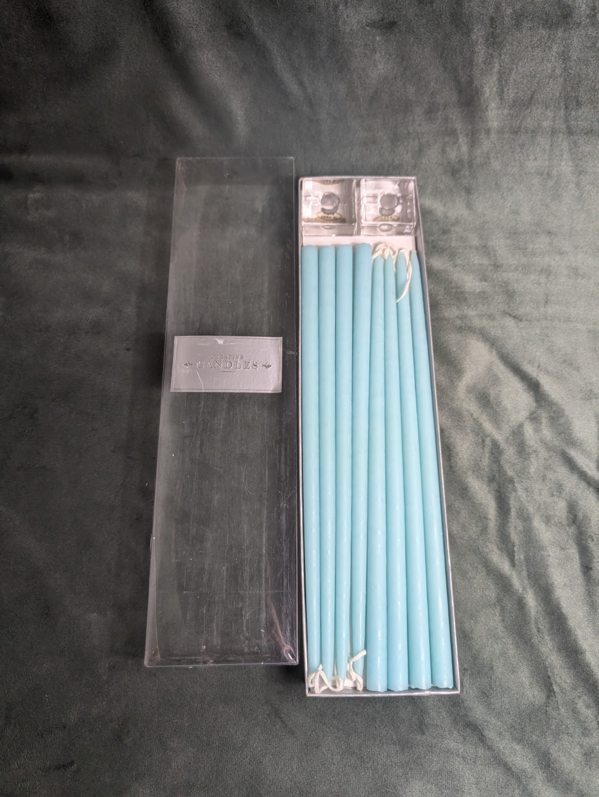 Creative Candles Vintage New in Box 8 Blue Tapers 12 x 1/2 + 2 Candle Holders