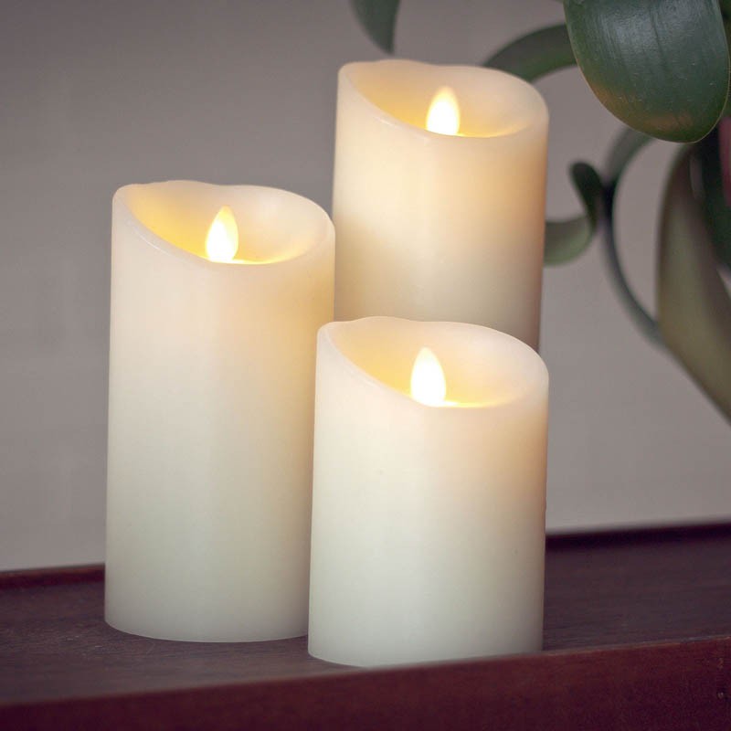 Set of 3 Luminara Flameless LED Pillar Wax Candles w/Moving Flame Remote Ivory