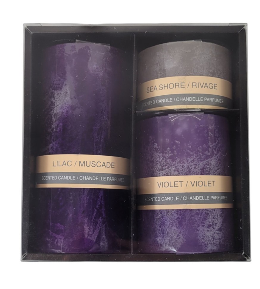 Pier 1 Imports Set of 3 Purple Pillar Candles Lilac, Sea Shore, Violet 6″ 4″ 2″