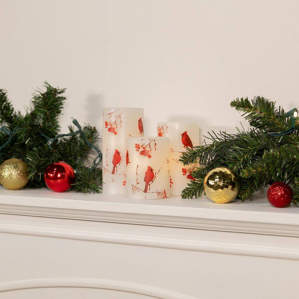 6 In. Battery Operated Wax Candles with Cardinal Design-Set of 3