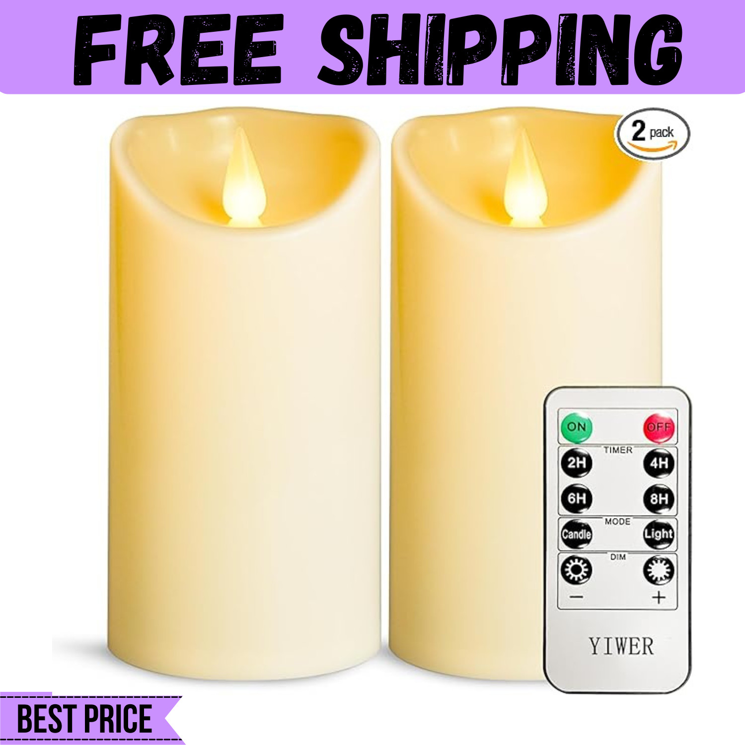 Flameless Plastic LED Candles,Pack of 2 Battery Operated Flickering Candle with