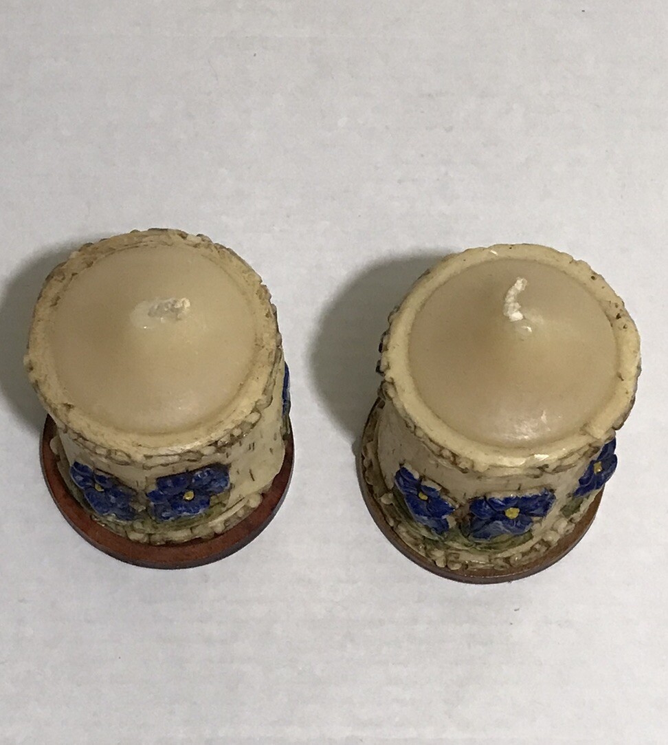 Vintage Set Of 2 Carved Flower Pillar Candles Hand Painted With Wood Base