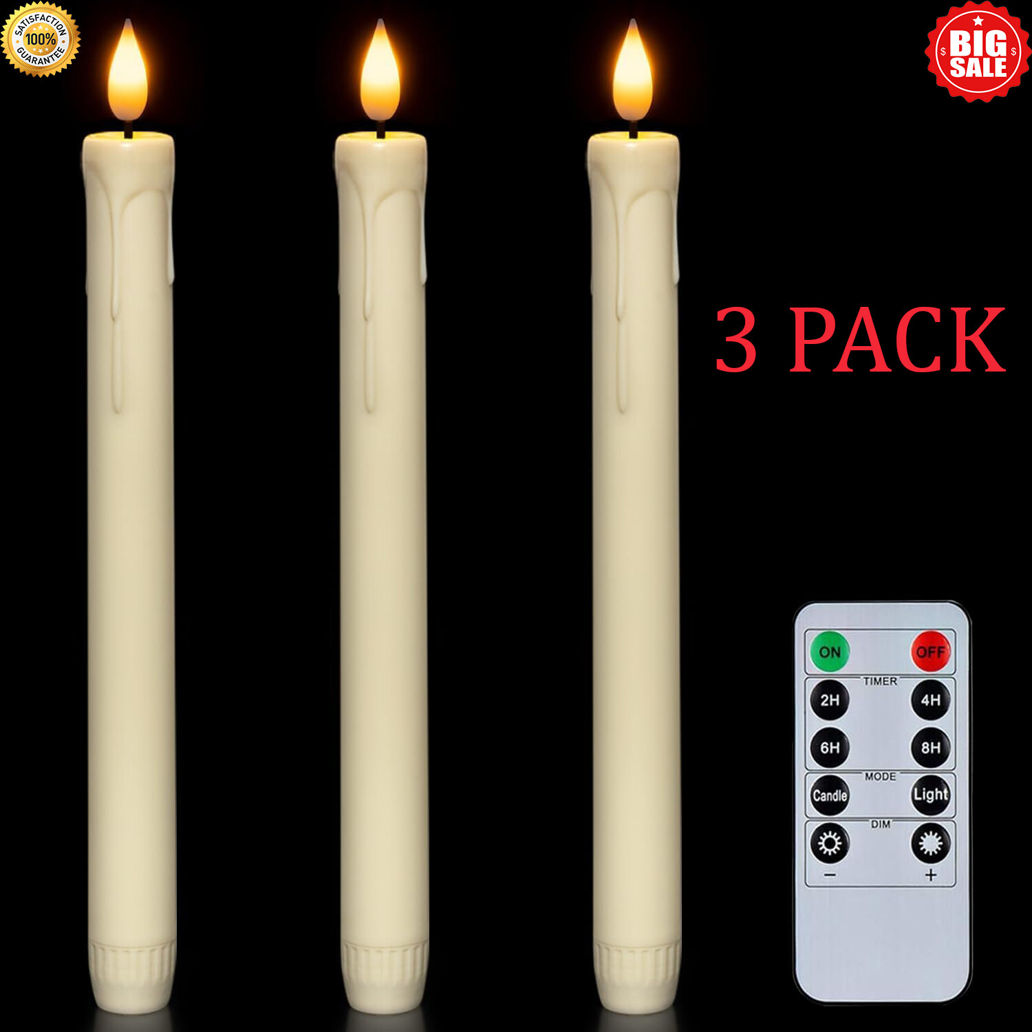 Set of 3 8″ Real Wax Flameless Moving Wick Ivory Wedding Taper Candles NEW 2023