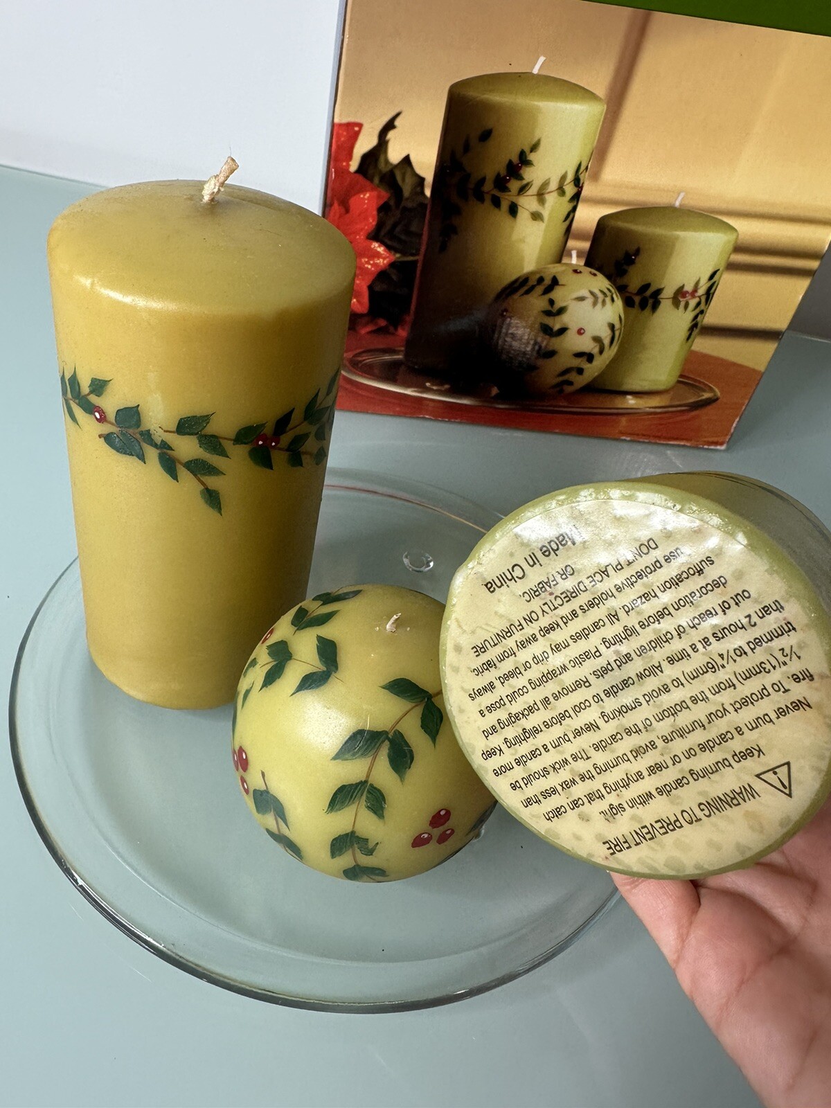 Candle Gift Set. Green Holly. Holiday Time. 3 Candle