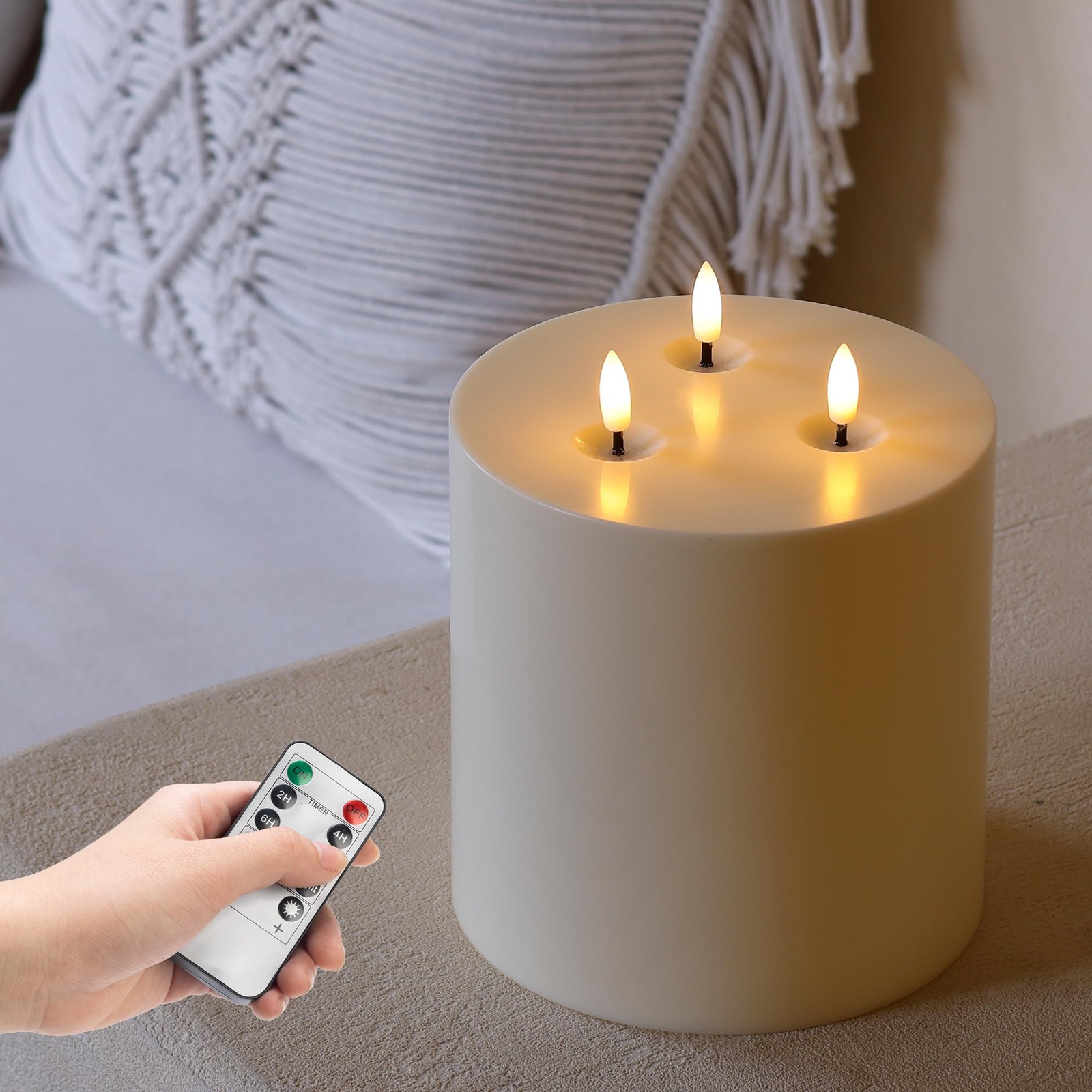 SEHNSY Ivory 6″ x 6″ Large Outdoor Waterproof Flameless Candle 3 Wick Plastic