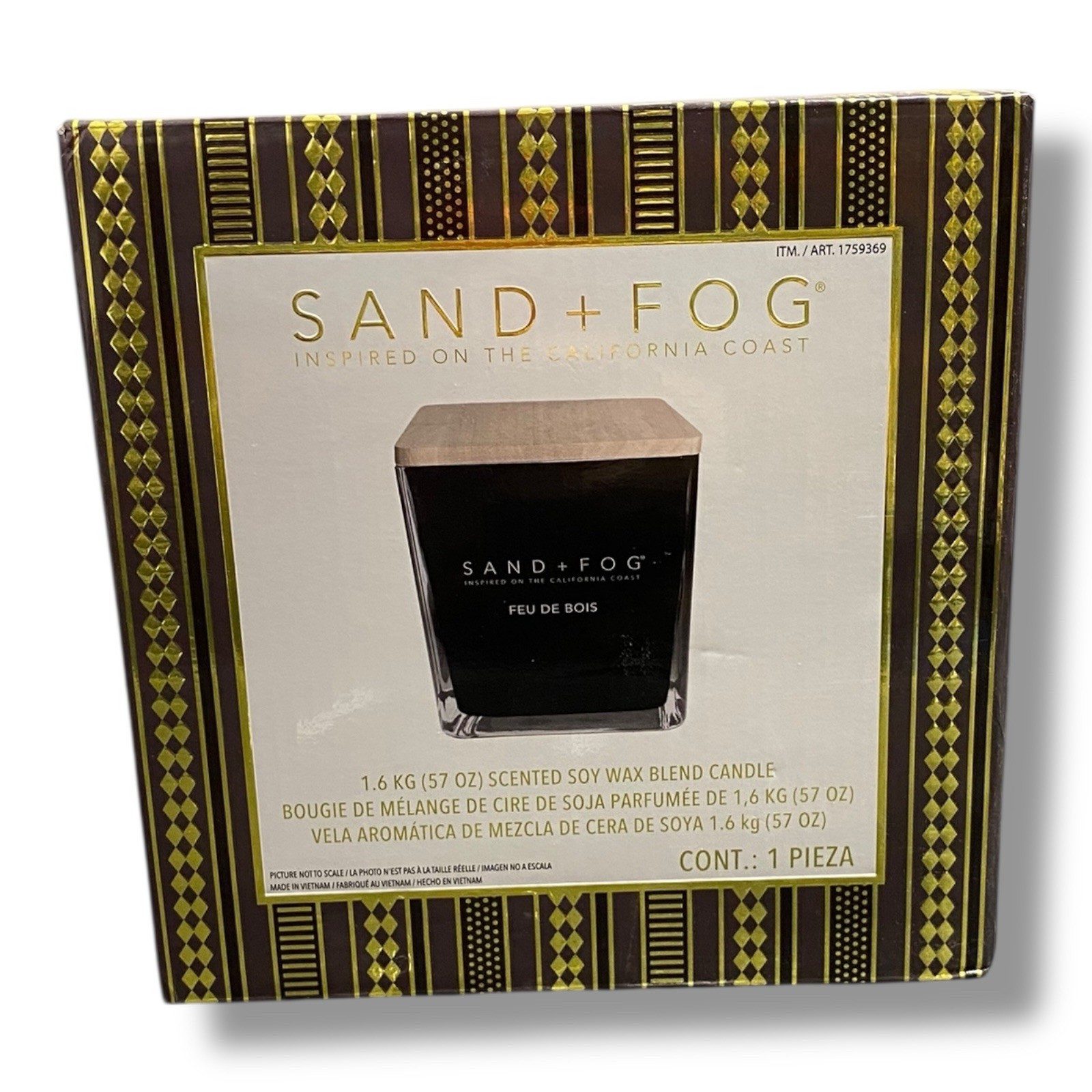 SAND + FOG 57oz Square Candle. Glass Container w/Wooden Lid (Scent: Feu De Bois)