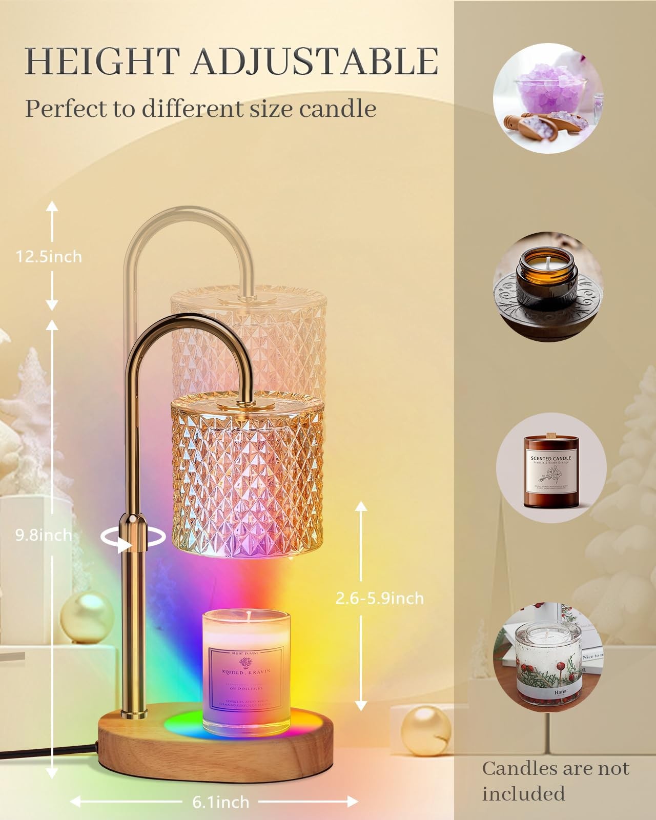 Candle Warmer Lamp with 7 LED Color Changing, Timer Dimmer Height Adjustable,…