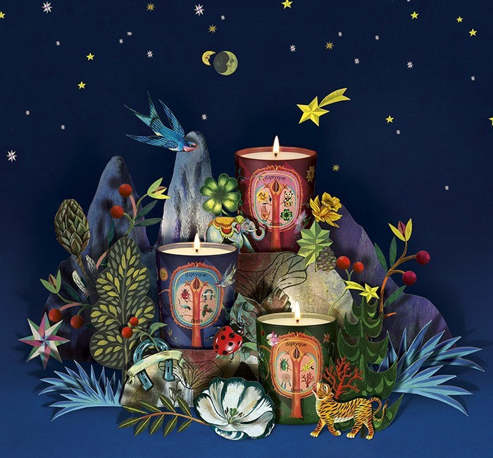 Diptyque 3 Candles Holiday Lucky Charms 2109 Amber, Pine, Flora Fortuna SET 3