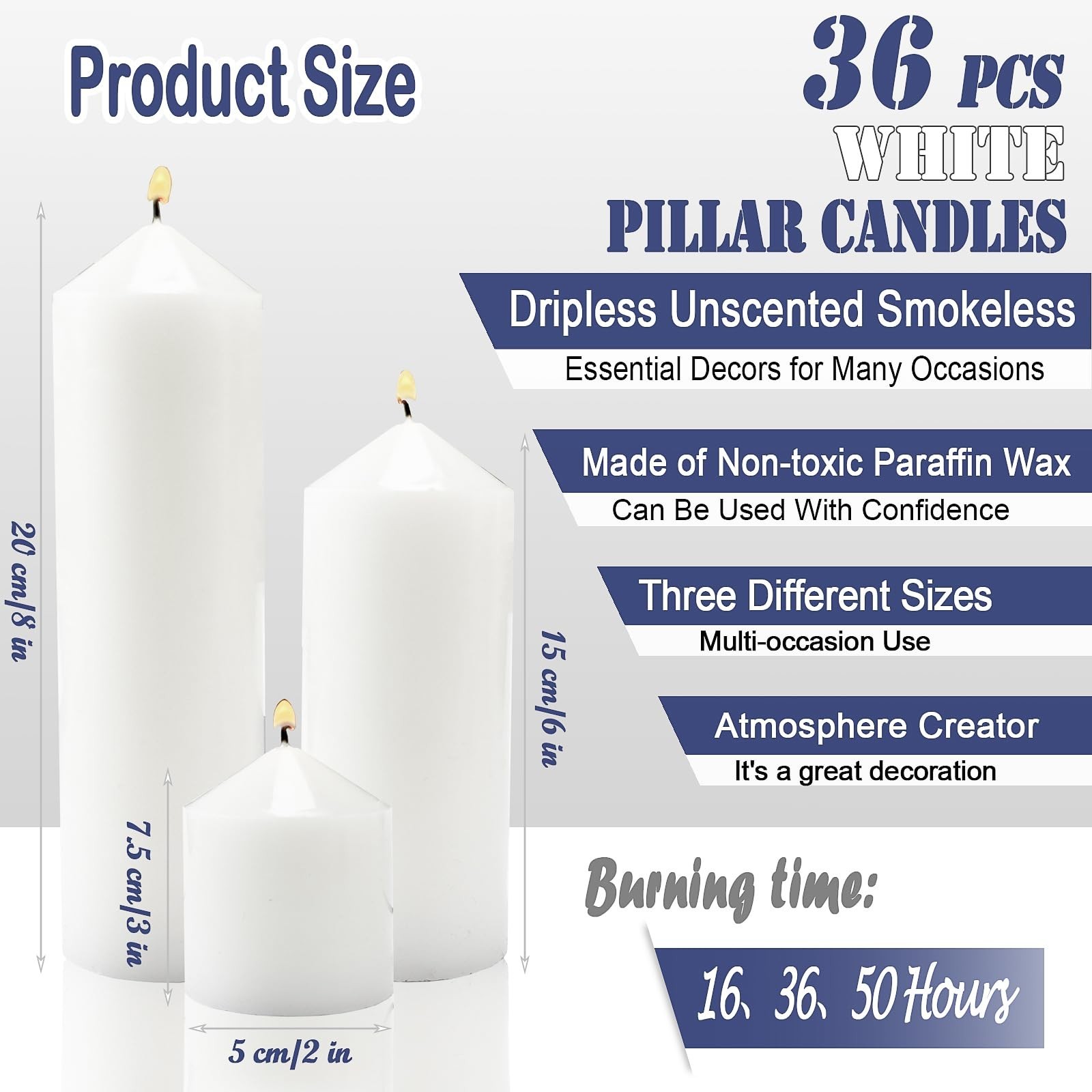 36 Pcs White Pillar Candles Set – 2×3, 2×6, 2×8 Inch, Dripless Unscented for Eve