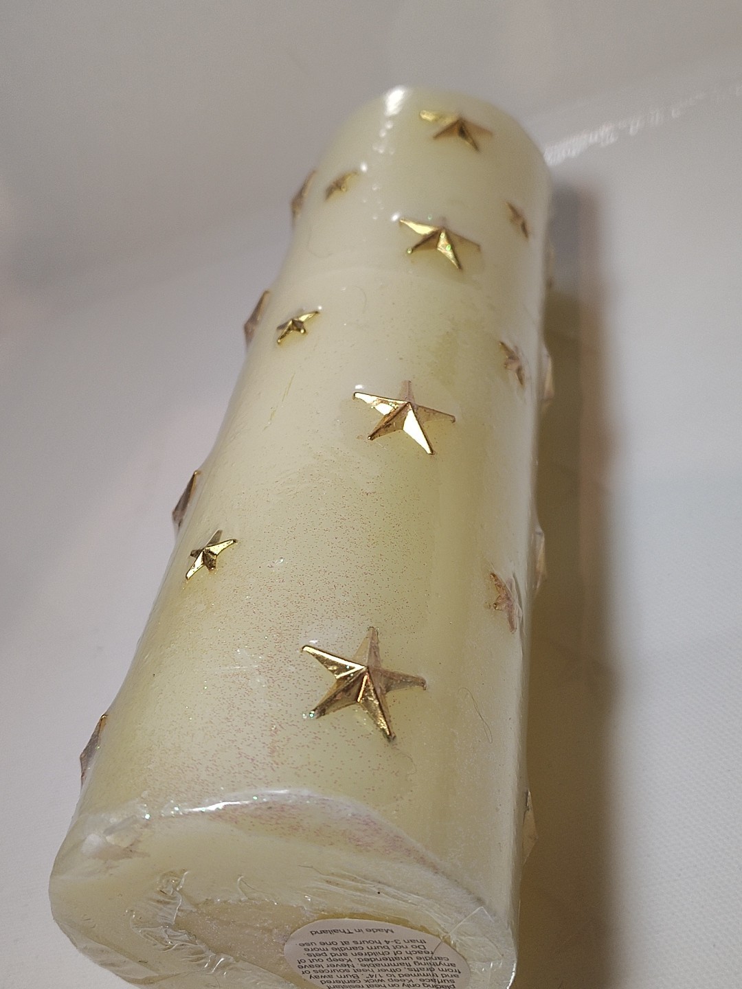 Vintage “A Touch of Gold” Wax Pillar Candle Glitter Cream Gold Stars 9.25″ New