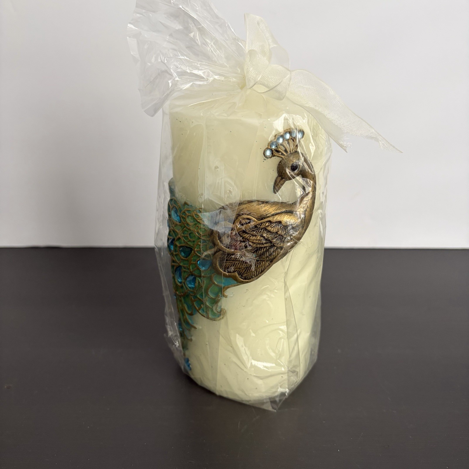 Pier One Peacock Candle Unscented Pillar 6 in Jeweled Feathers Original Package