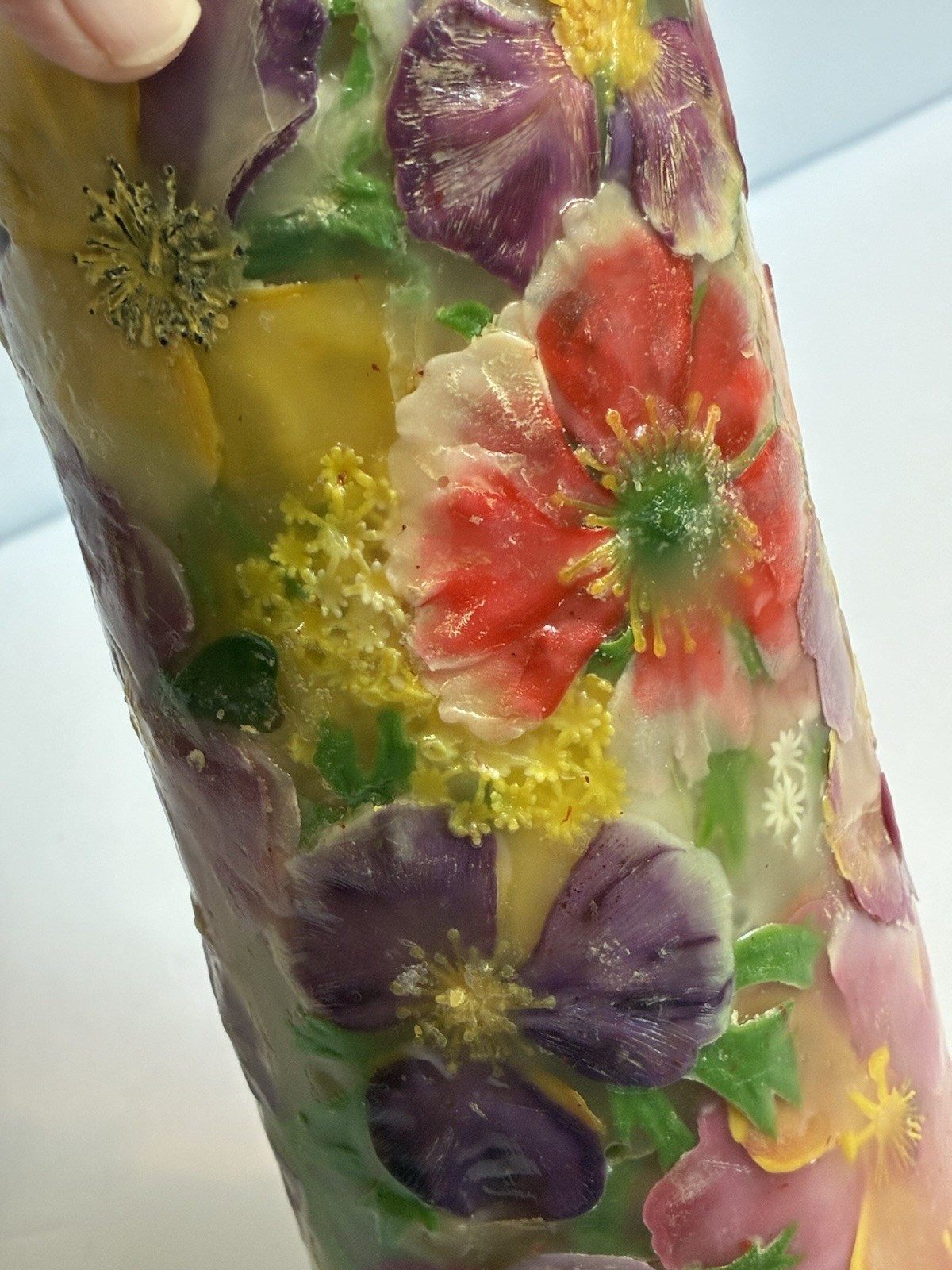 Botanical Decorative Pillar Candle w/Embedded Dried Flowers & Leaves 9.5″ Heavy