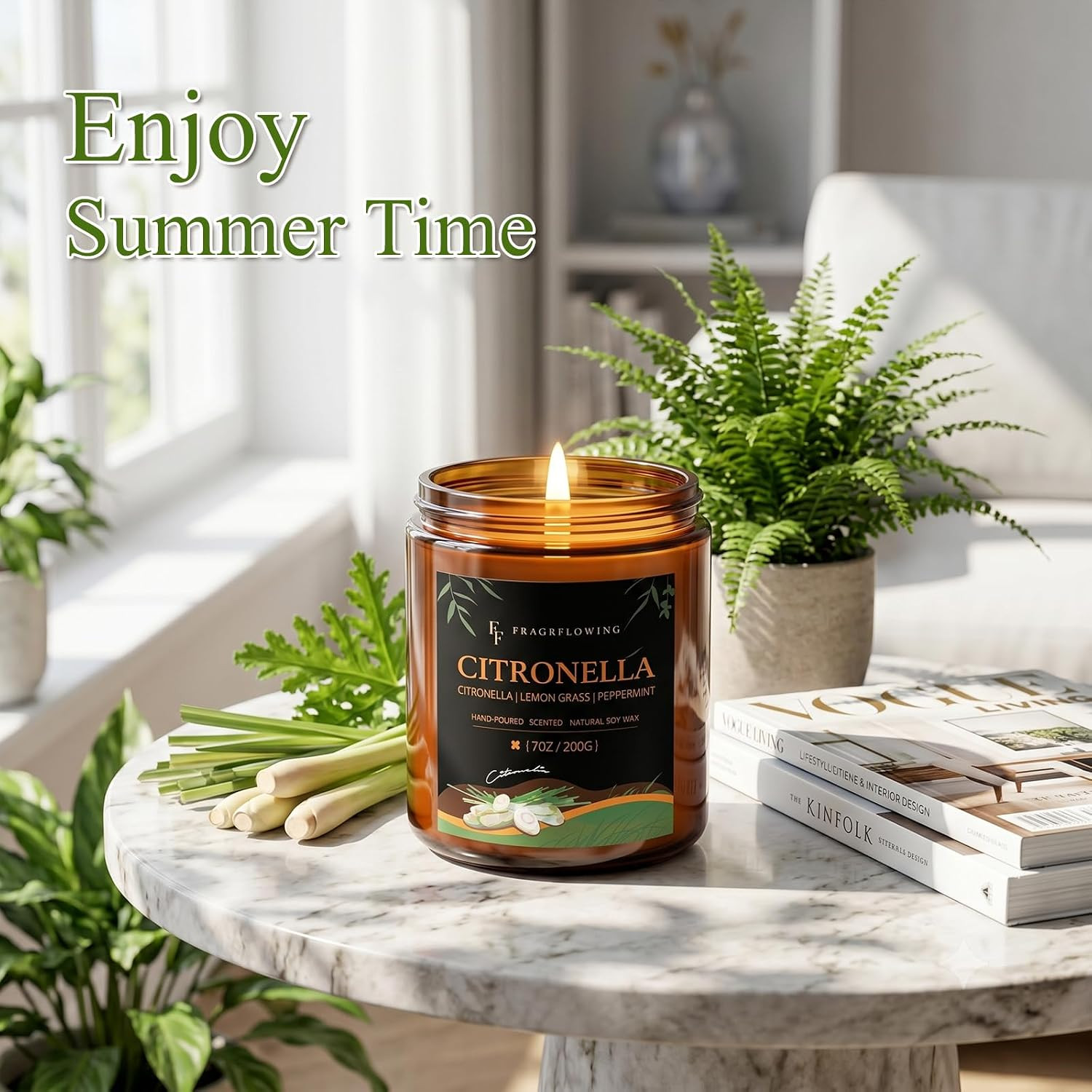 Citronella Candle, Indoor Outdoor Lemongrass Scented Candle，Natural Soy Wax Jar
