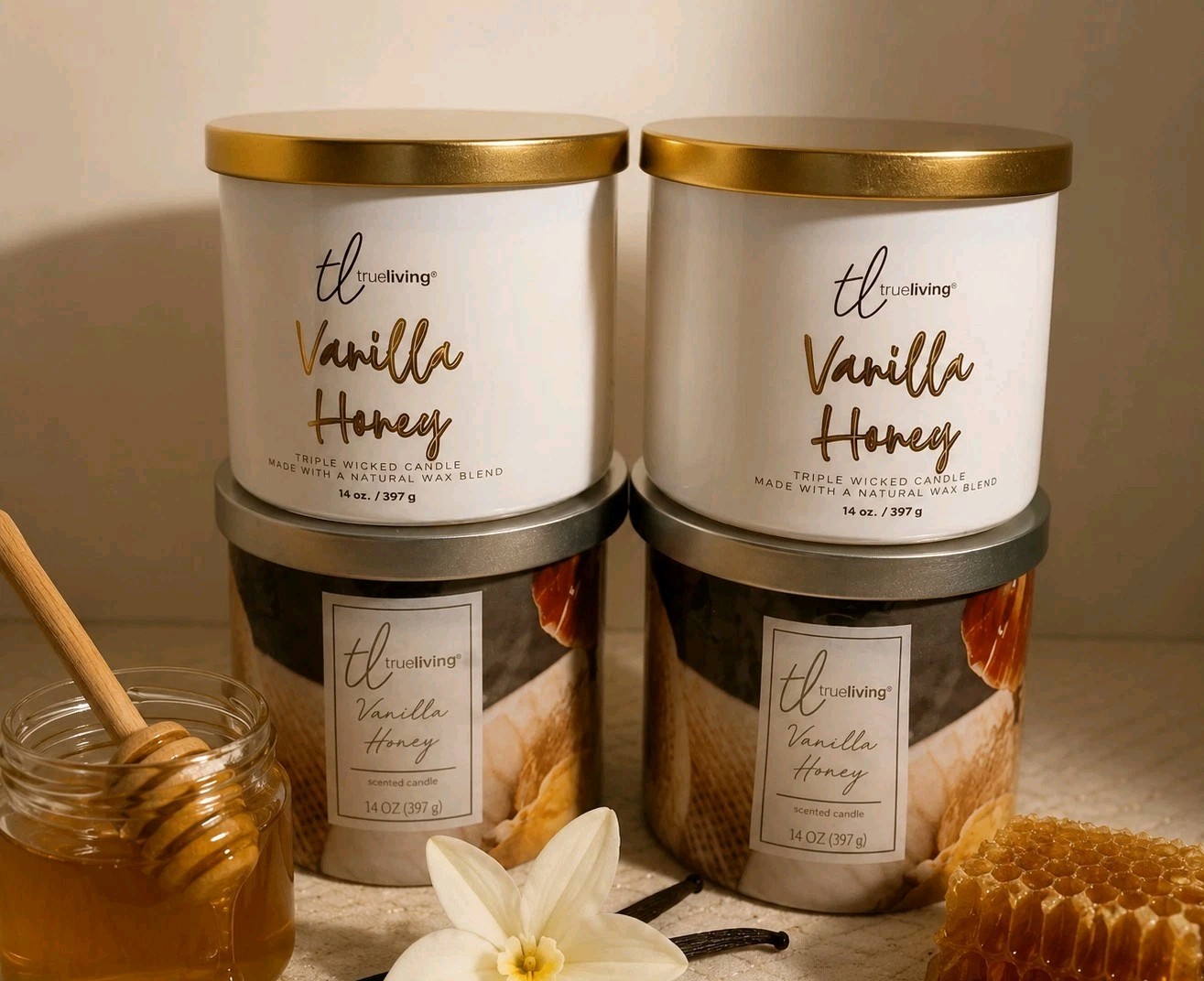 Set Of 4 TRUE LIVING ~VANILLA HONEY ~ 3WICK SCENTED CANDLES 14.5oz Brand New