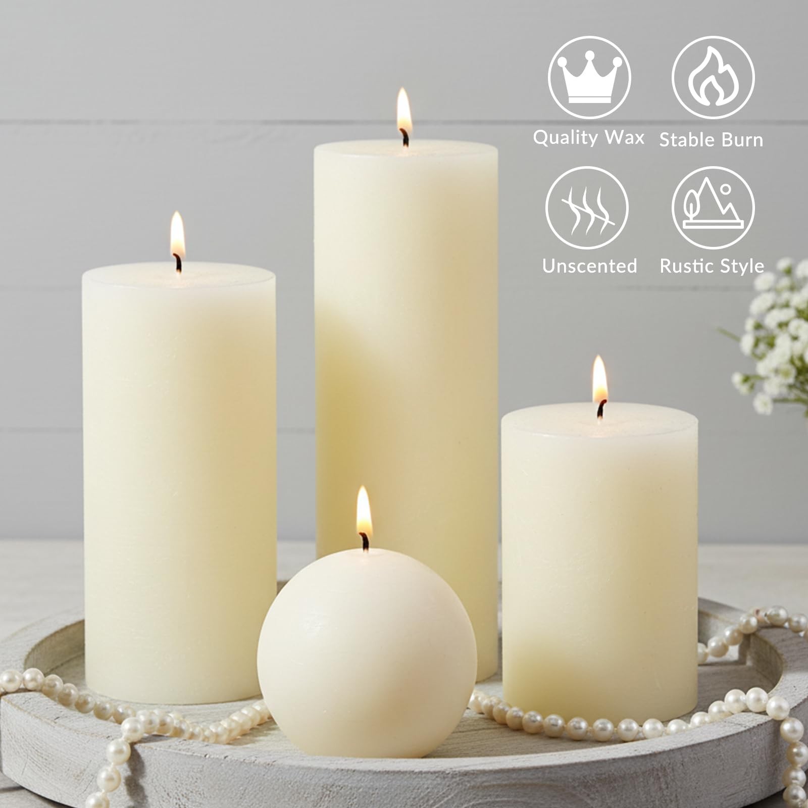 Rustic Ivory Pillar Candles Set – 4 Pcs Assorted Sizes Unscented Pillar Candl…
