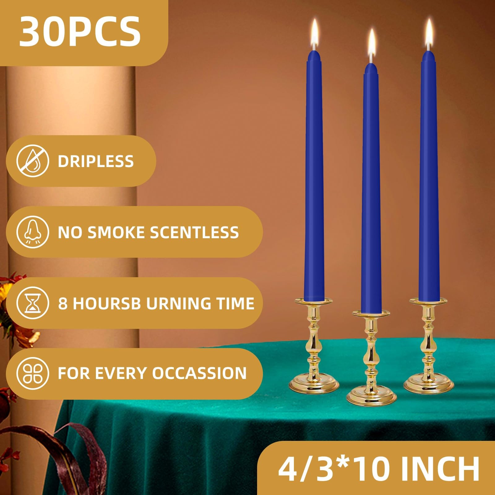 30 PCS 10 Inch Blue Taper Candles Dripless Smokeless Unscented Long Burning