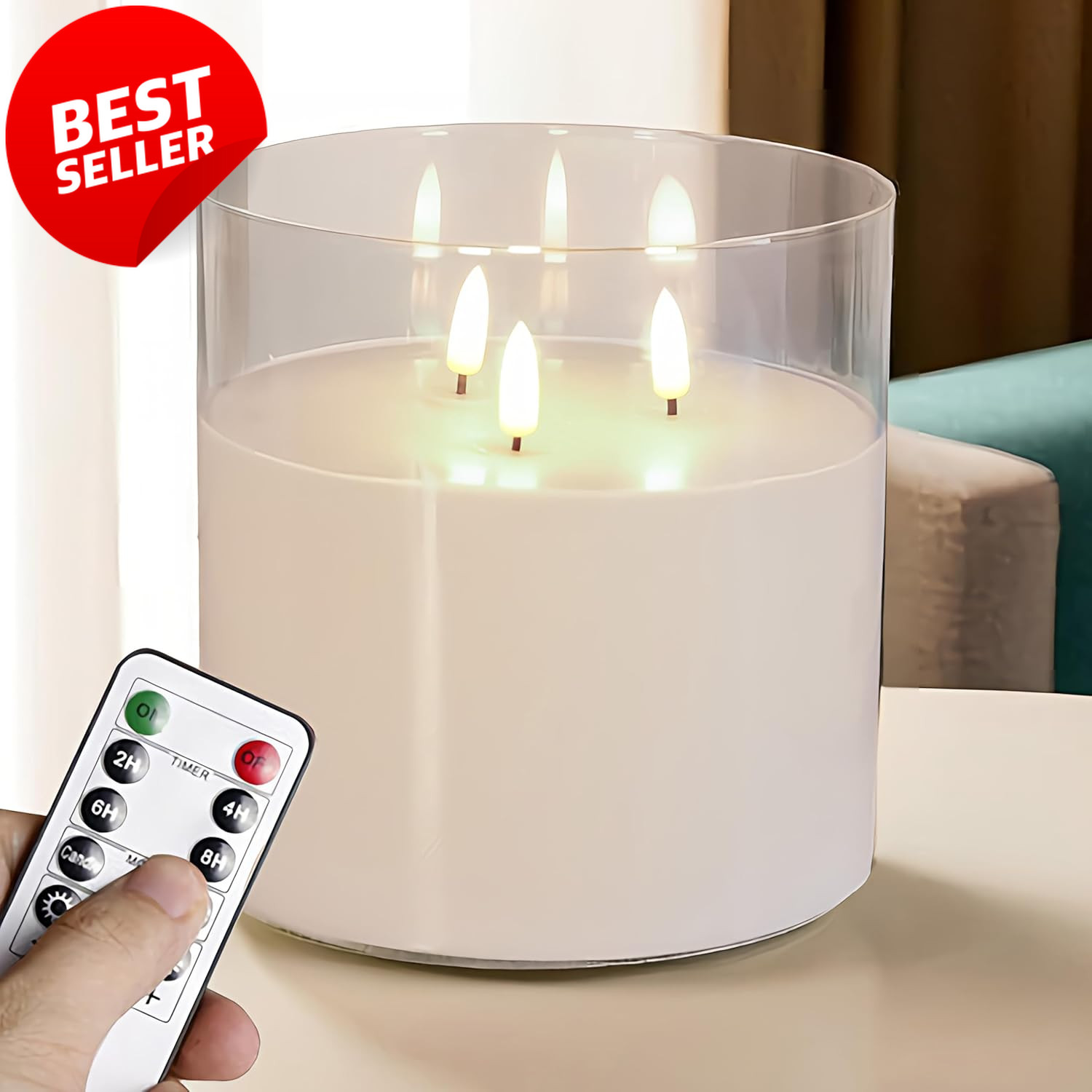 6x6in 3 Wick Flameless LED Candle Real Wax Glass Remote White Decor – US