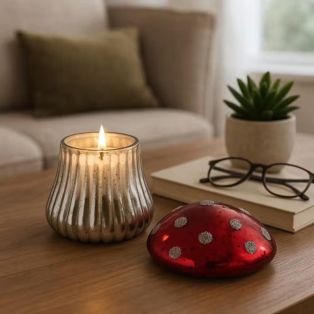 6 In. Red Glass Cinnamon Mushroom Candle 12 Oz