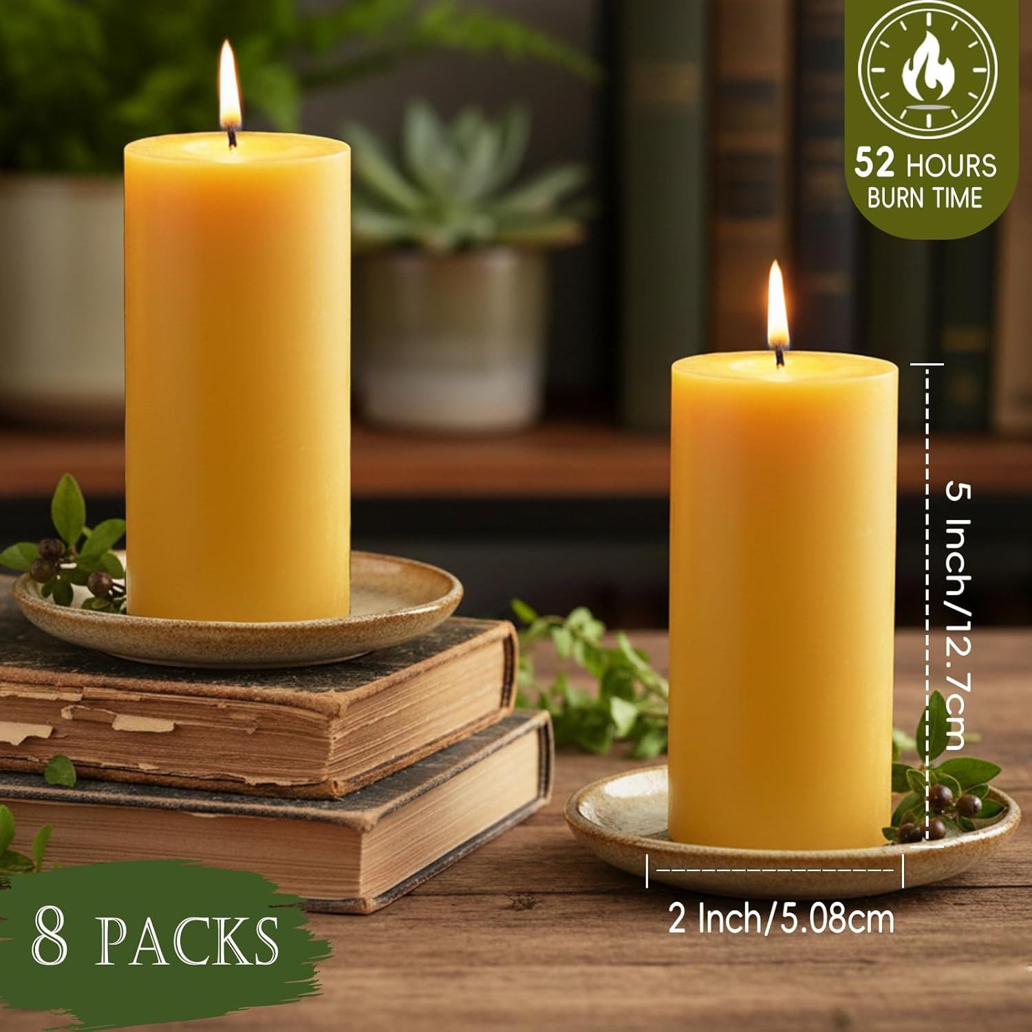 8 Packs Beeswax Candles, 2X5 Inch Natural Beeswax Pillar Candles, 400-Hour Total