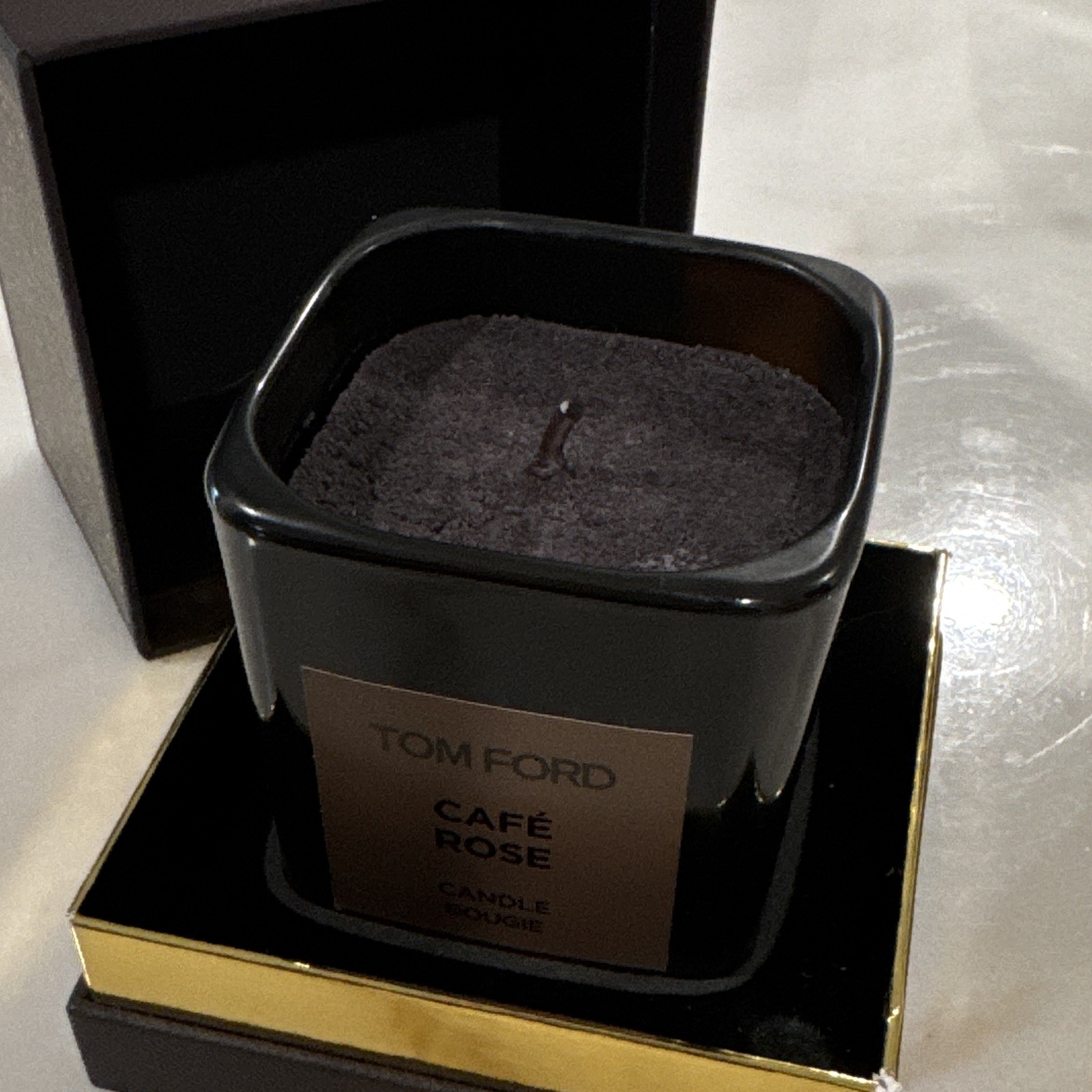 Tom Ford Café Rose Jar Candle Black Square Glass 2.25 in, Open Not used