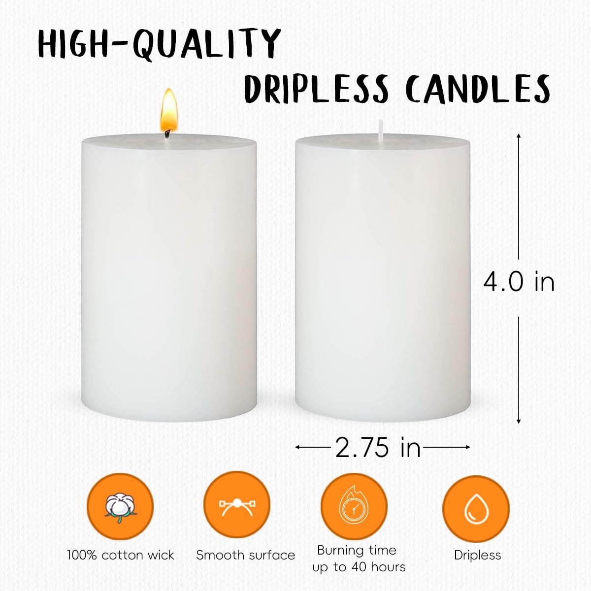 Dripless White Pillar Candles 2.75×4 Inch Unscented – Long Burning for Home