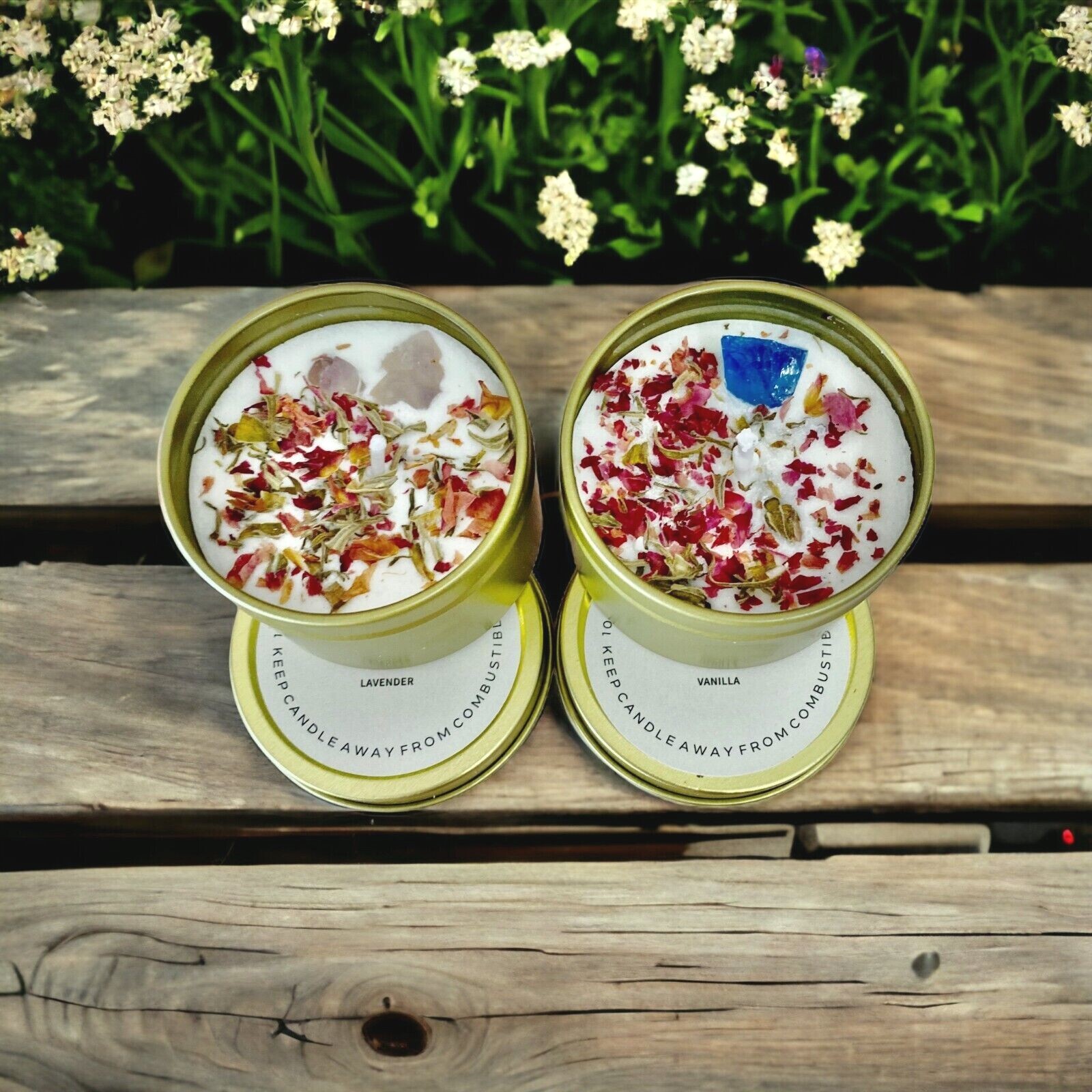 Handmade Herbal & Crystal Soy Candle Tin, 4oz Lavender, Vanilla, Organic Soy Wax